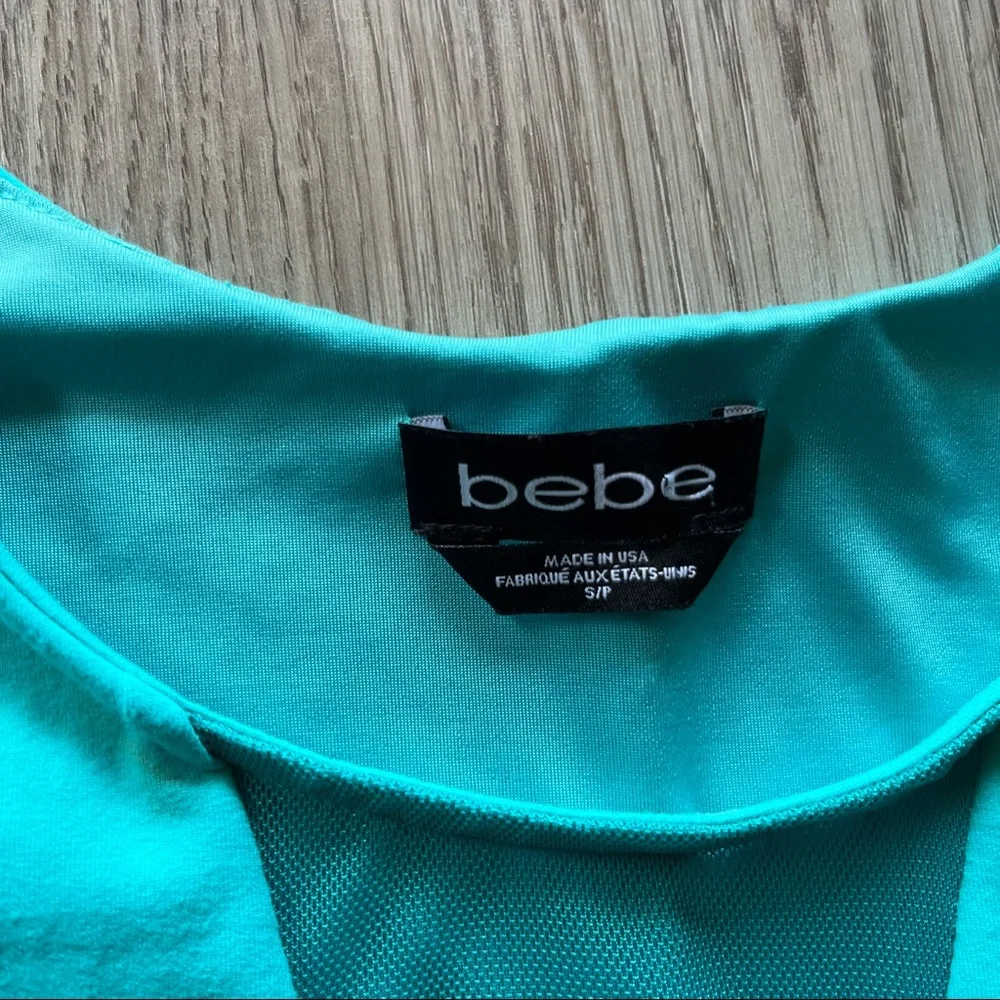 Bebe Women’s Small Aqua Peplum Tank Top Blouse w/ V-Neck Mesh Video - Picture 4 of 8
